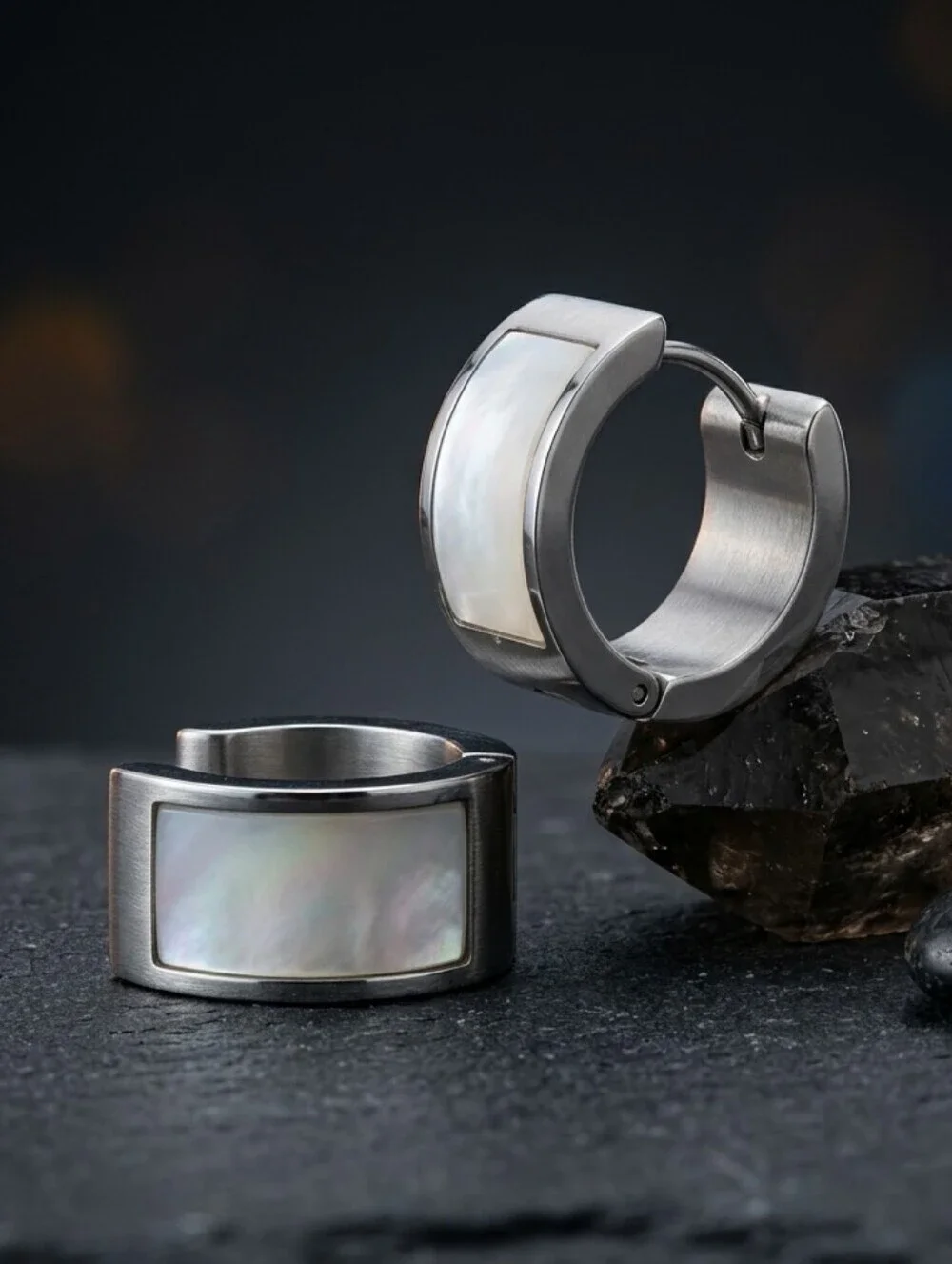 Quiet Luxury Mother of Pearl Stainless Steel Huggie Hoop Earrings Silver 0.5